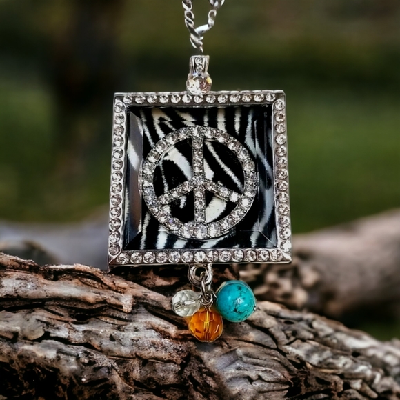 Hand Crafted Vintage Shadowbox Rhinestone Peace Sign Pendant - Picture 2 of 15